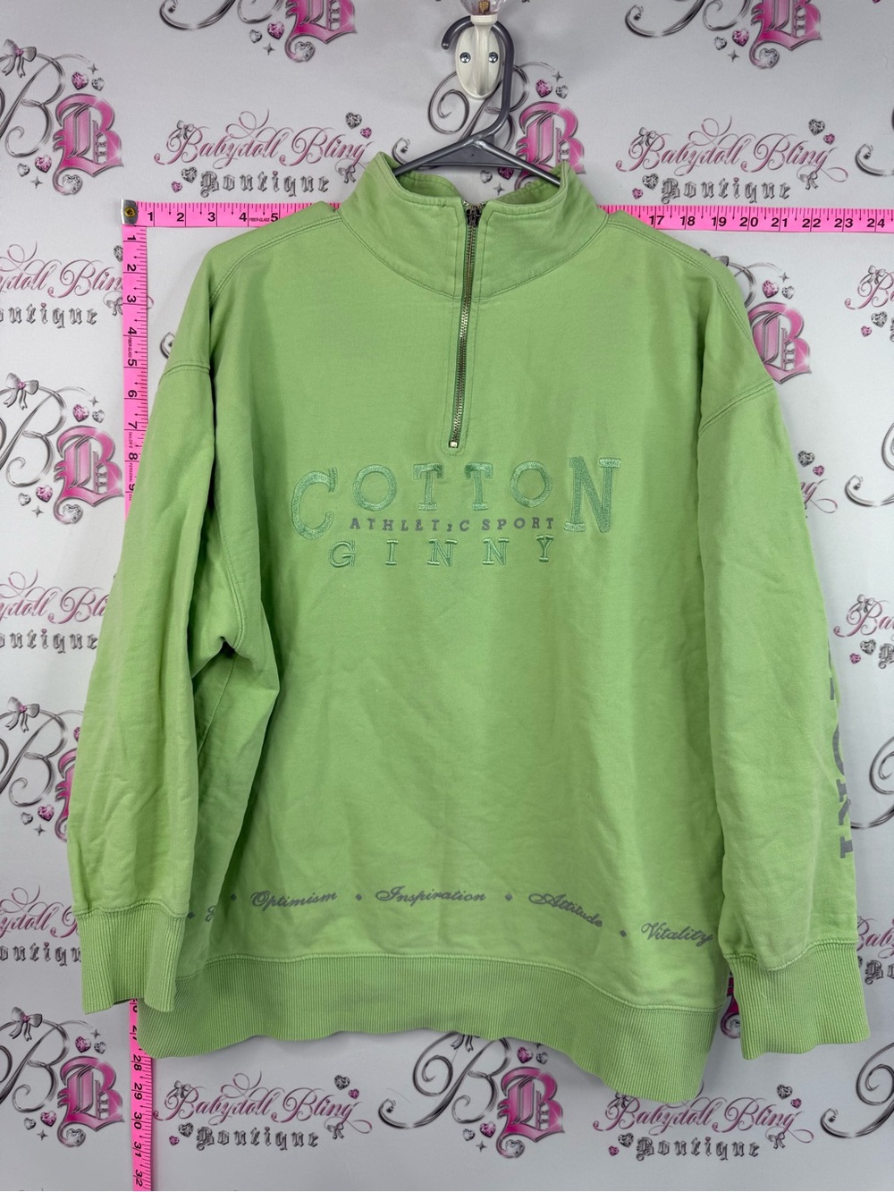 Cotton ginnny sweater vintage Light Green Cotton Quarter-Zip Pullover Sweatshirt